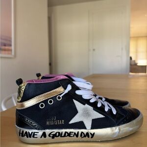 Golden Goose Mid Star Black Sneakers with Gold glitter and metallic accents